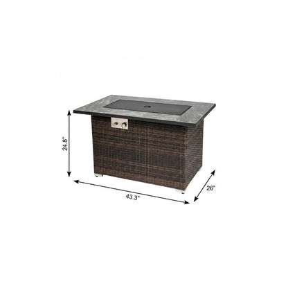 50000 BTU 43" Brown Wicker Propane Rectangular Fire Pit With Cover