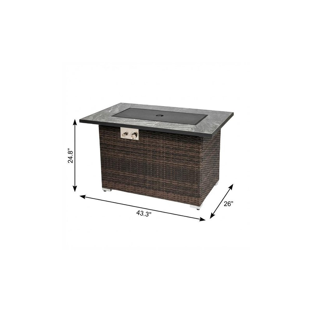 50000 BTU 43" Brown Wicker Propane Rectangular Fire Pit With Cover HomeRoots