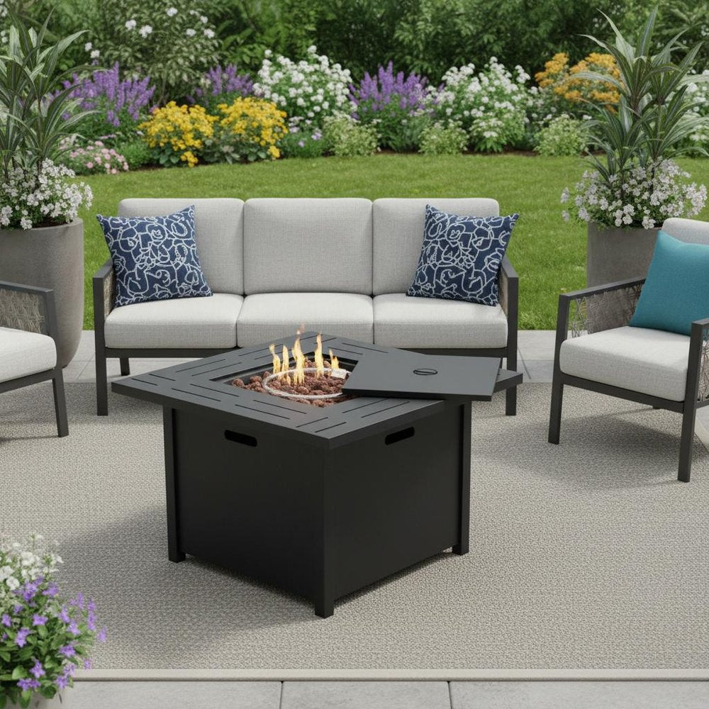50000 BTU 28" Black Steel Propane Square Fire Pit Table With Cover HomeRoots