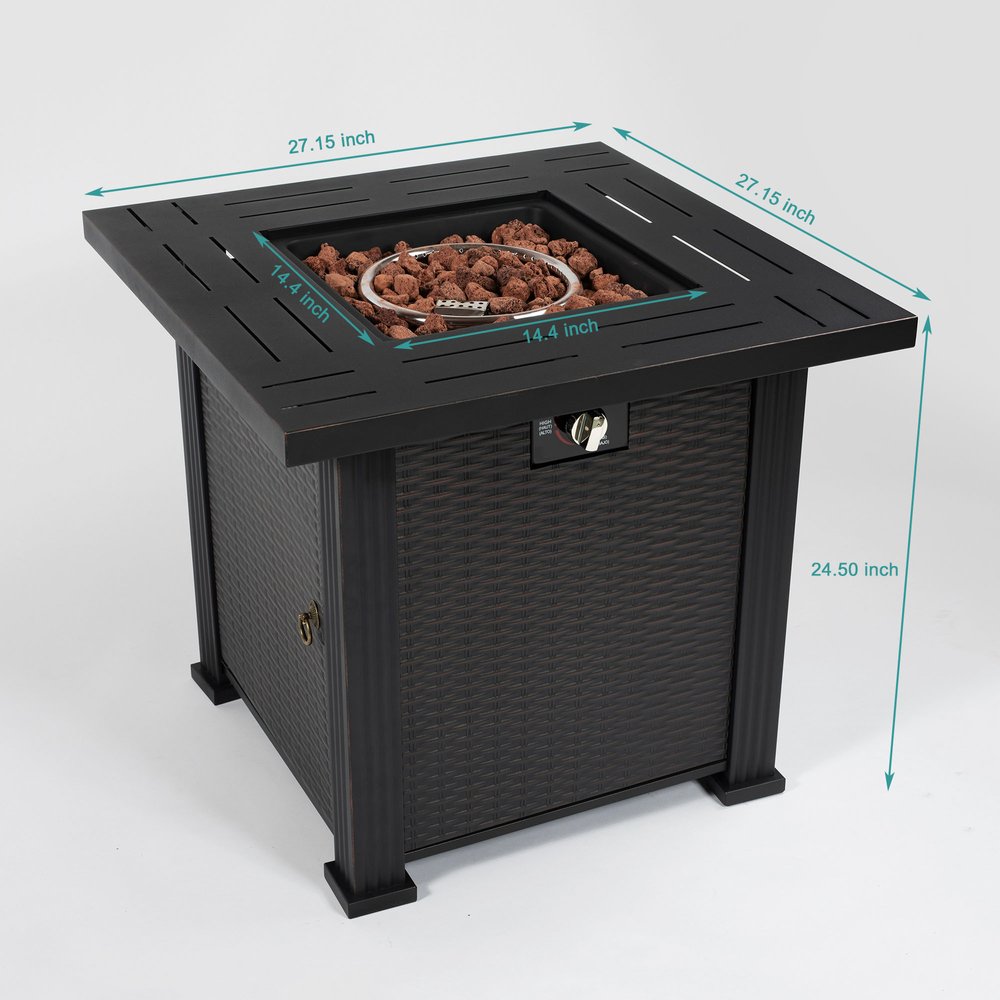 50000 BTU 28" Black Steel Propane Square Fire Pit Table With Cover HomeRoots