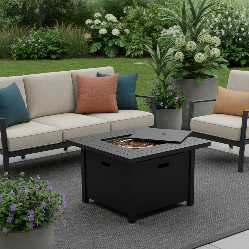 50000 BTU 28" Black Rattan Propane Square Fire Pit With Cover HomeRoots