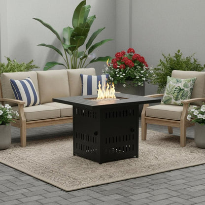 50000 BTU 34" Black Steel Propane Square Fire Pit With Cover HomeRoots