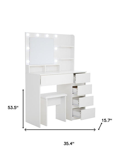 35" White Wood Five Drawer Vanity Table With Stool Mirror And Lights HomeRoots