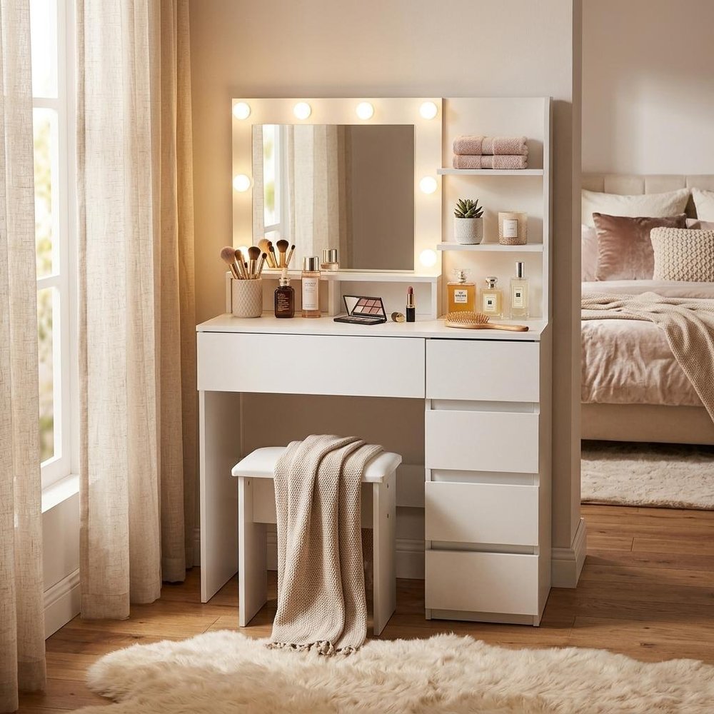 35" White Wood Five Drawer Vanity Table With Stool Mirror And Lights HomeRoots