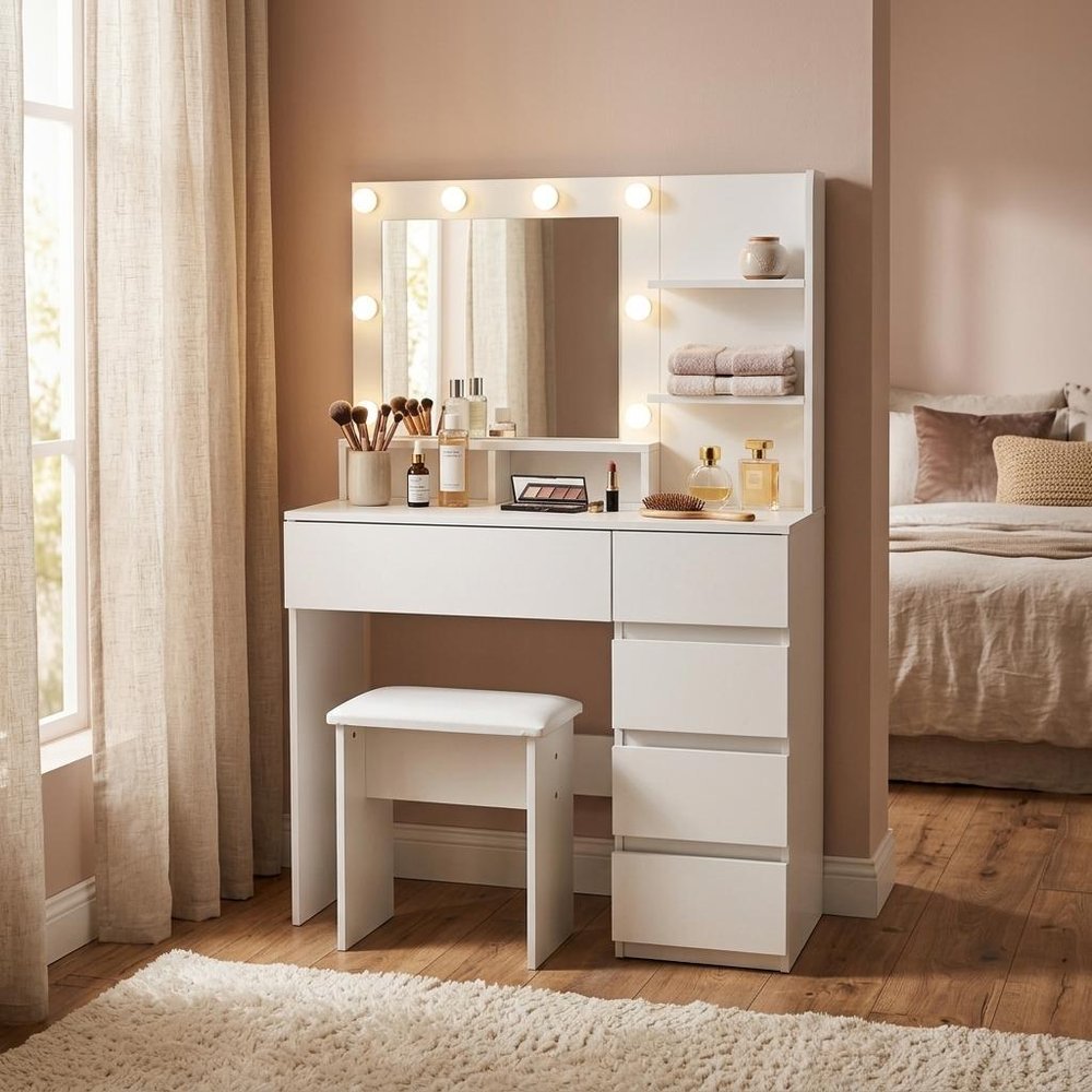 35" White Wood Five Drawer Vanity Table With Stool Mirror And Lights HomeRoots