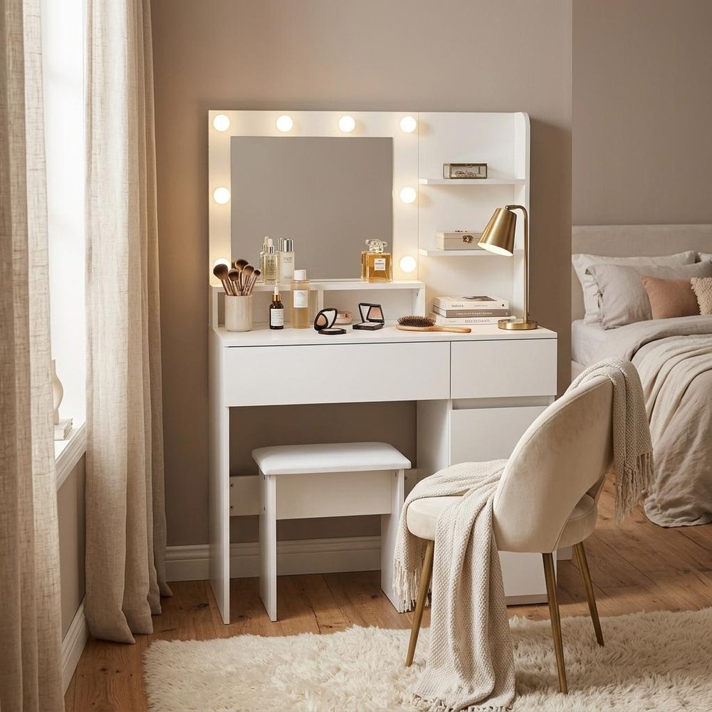 35" White Wood Five Drawer Vanity Table With Stool Mirror And Lights HomeRoots