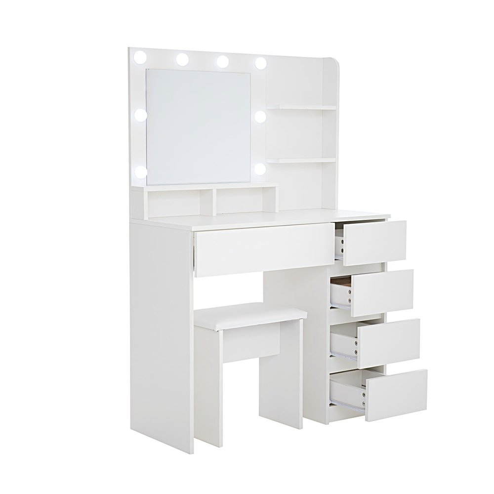 35" White Wood Five Drawer Vanity Table With Stool Mirror And Lights HomeRoots