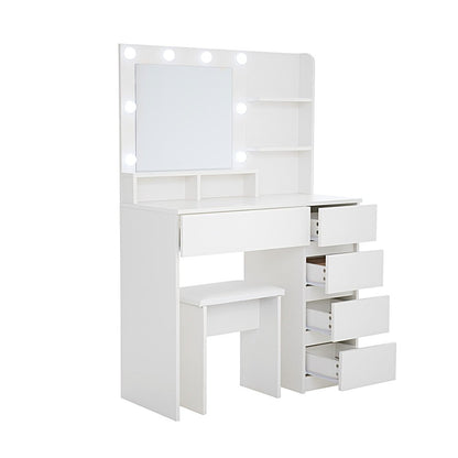 35" White Wood Five Drawer Vanity Table With Stool Mirror And Lights HomeRoots