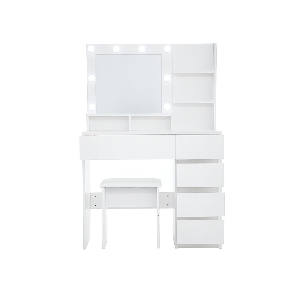 35" White Wood Five Drawer Vanity Table With Stool Mirror And Lights HomeRoots