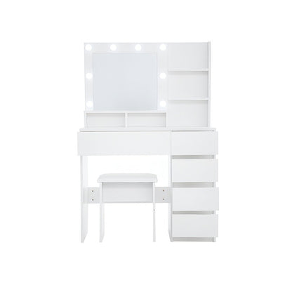 35" White Wood Five Drawer Vanity Table With Stool Mirror And Lights HomeRoots
