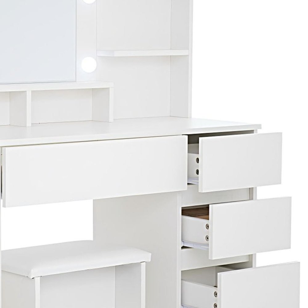 35" White Wood Five Drawer Vanity Table With Stool Mirror And Lights HomeRoots