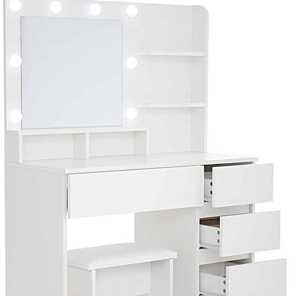 35" White Wood Five Drawer Vanity Table With Stool Mirror And Lights HomeRoots