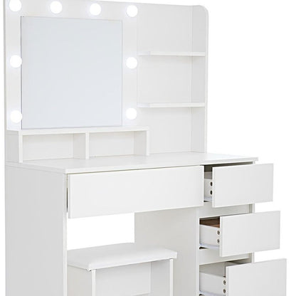 35" White Wood Five Drawer Vanity Table With Stool Mirror And Lights HomeRoots