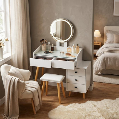 46" White Wood Mirrored Five Drawer Vanity Table HomeRoots