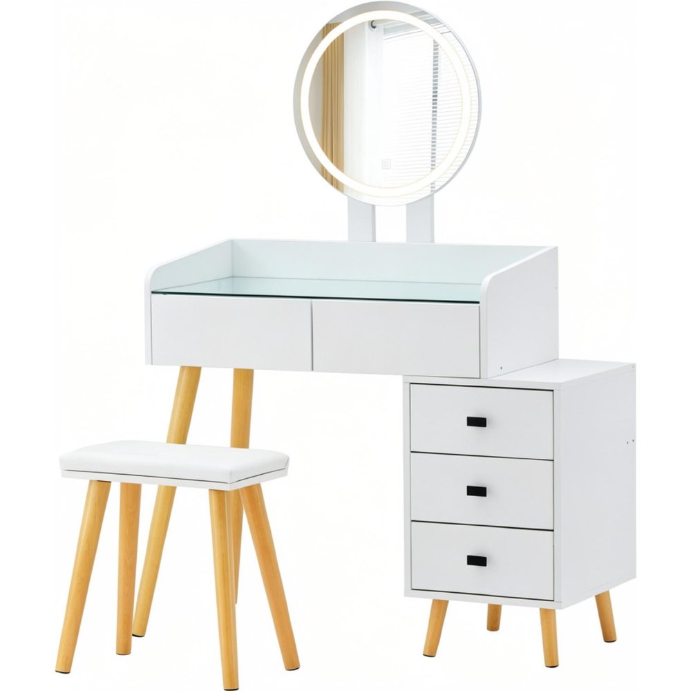 46" White Wood Mirrored Five Drawer Vanity Table HomeRoots