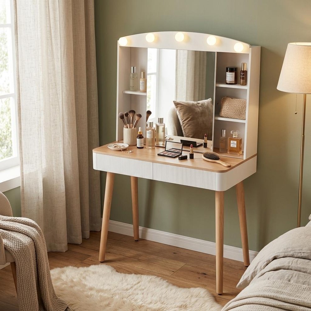 32" White Wood Mirrored Two Drawer Vanity Table HomeRoots