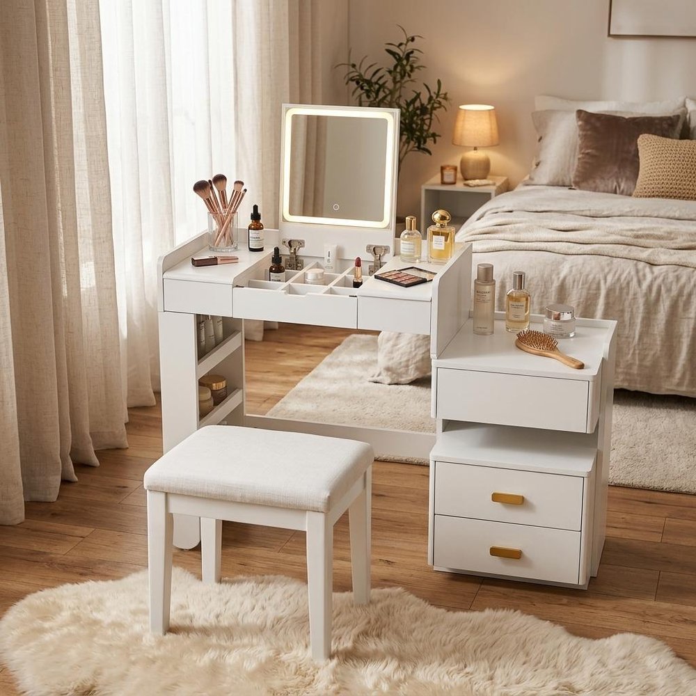 45" White Wood Five Drawer Vanity Table HomeRoots