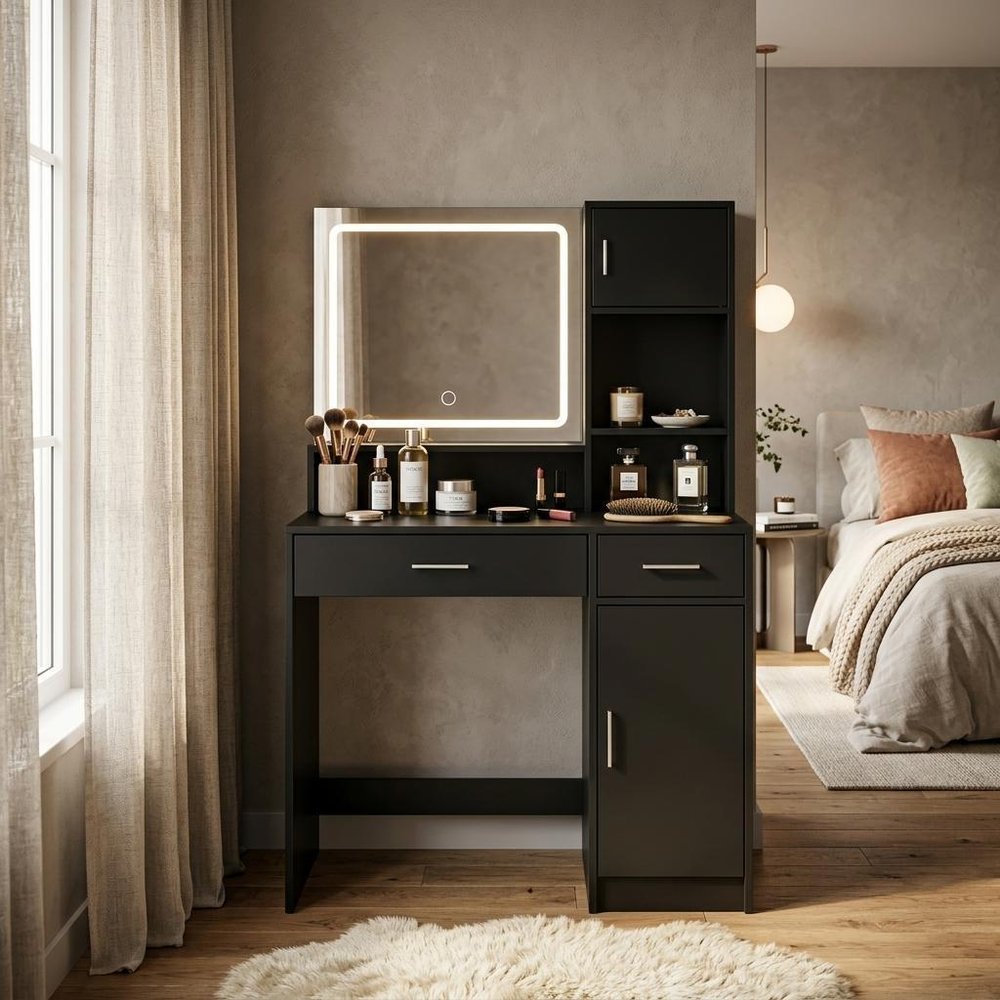 35" Black Wood Two Drawer Vanity Table — view 2
