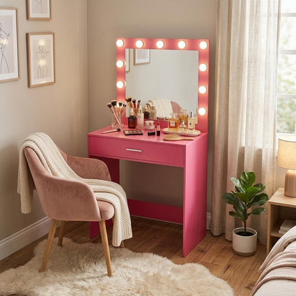 28" Pink Wood Mirrored Vanity Table HomeRoots