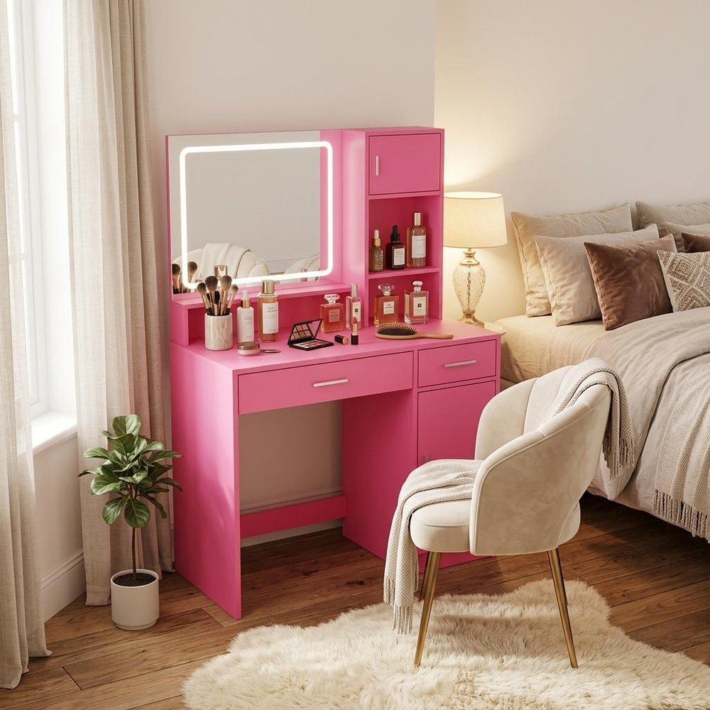 35" Pink Wood Mirrored Two Drawer Vanity Table HomeRoots