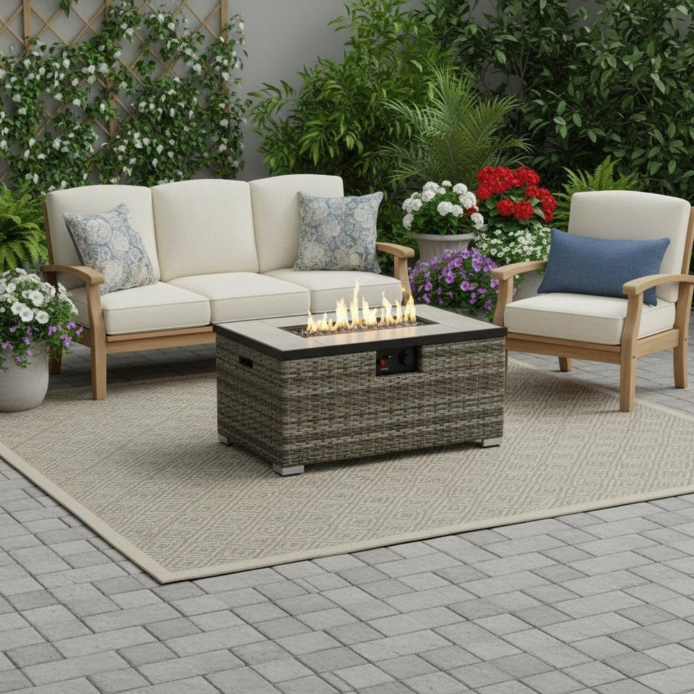 50000 BTU 32" Beige Iron Propane Rectangular Fire Pit With Cover HomeRoots