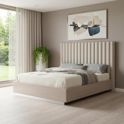 Beige Ribbed Texture Wood And Tufted Linen Blend Upholstered Queen Bed Frame HomeRoots