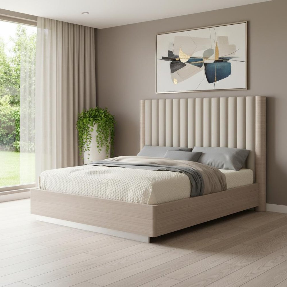 Beige Ribbed Texture Wood And Tufted Linen Blend Upholstered Queen Bed Frame HomeRoots