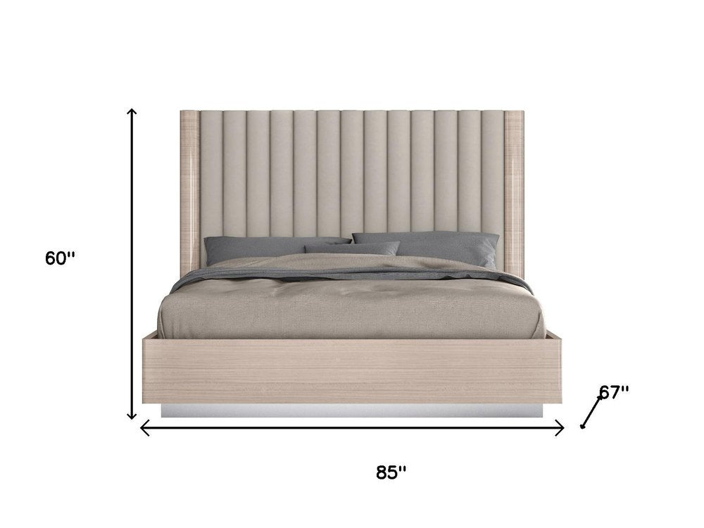 Beige Ribbed Texture Wood And Tufted Linen Blend Upholstered Queen Bed Frame HomeRoots