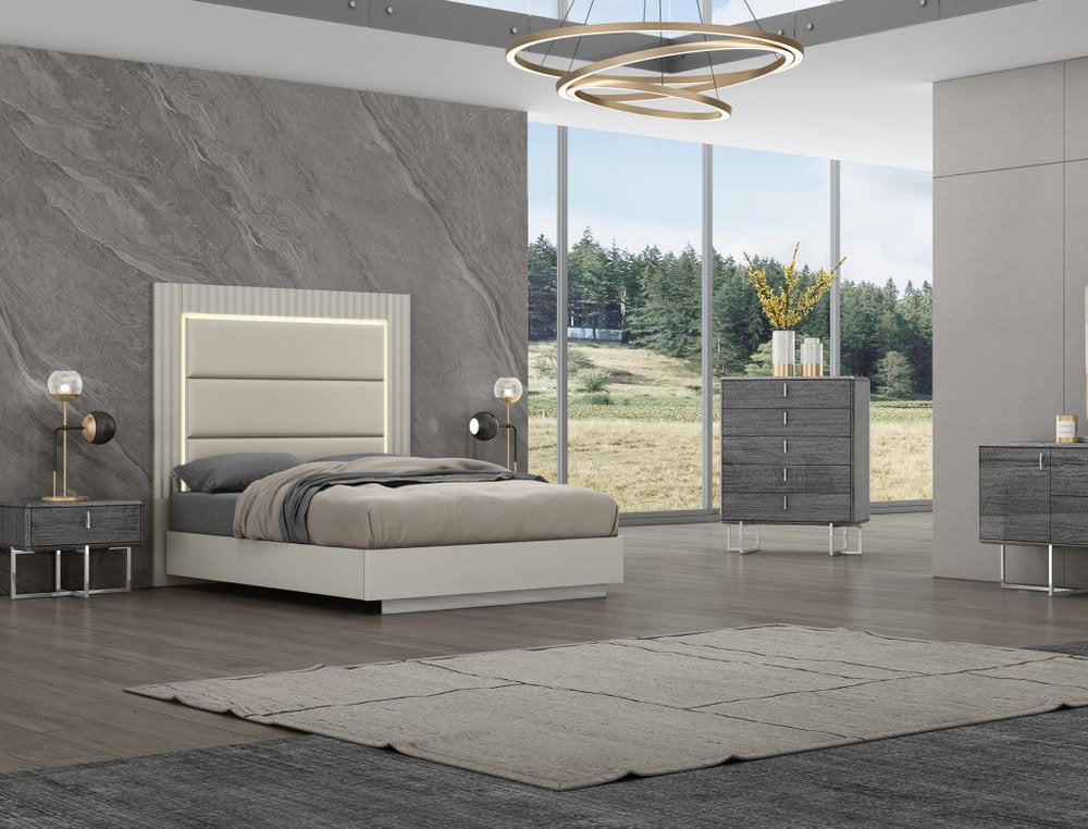 Gray Inlaid Panels Wood And Faux Leather Lighted Upholstered Queen Bed Frame HomeRoots