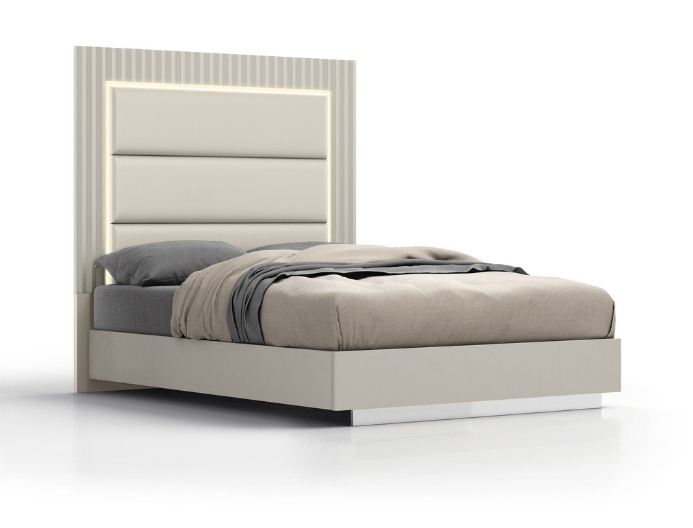 Gray Inlaid Panels Wood And Faux Leather Lighted Upholstered Queen Bed Frame HomeRoots