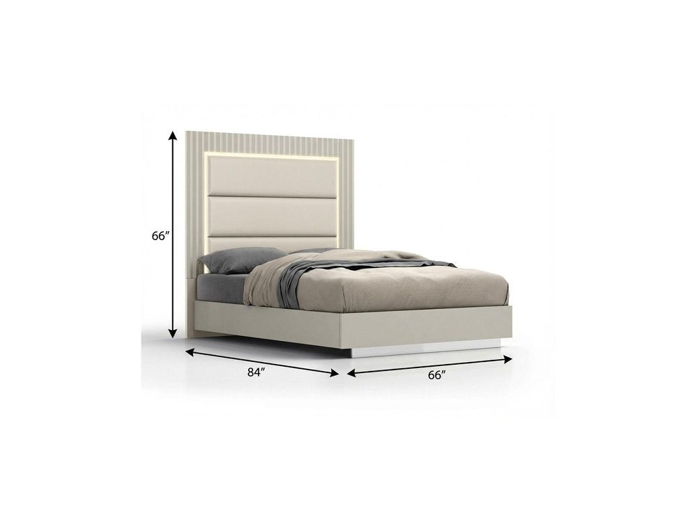 Gray Inlaid Panels Wood And Faux Leather Lighted Upholstered Queen Bed Frame HomeRoots
