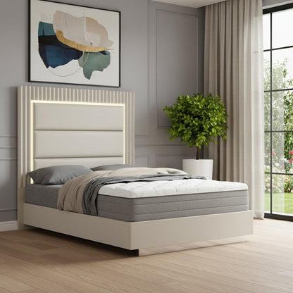 Gray Inlaid Panels Wood And Faux Leather Lighted Upholstered Queen Bed Frame HomeRoots