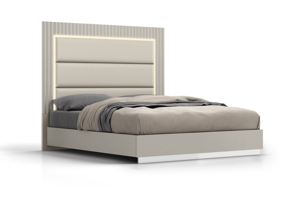Gray Wood And Faux Leather Lighted Upholstered King Bed Frame HomeRoots