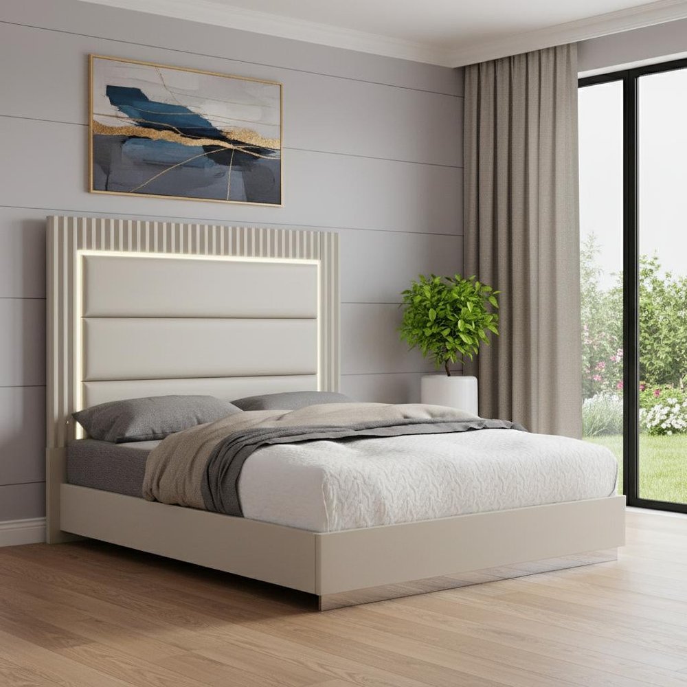 Gray Wood And Faux Leather Lighted Upholstered King Bed Frame HomeRoots