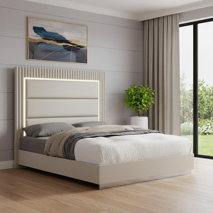 Gray Wood And Faux Leather Lighted Upholstered King Bed Frame HomeRoots