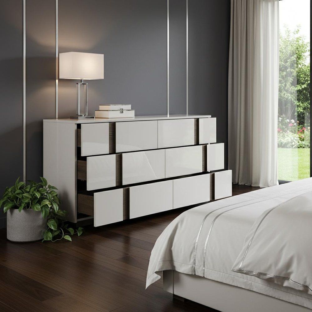 60" Light Gray And Walnut Wood Six Drawer Double Dresser HomeRoots