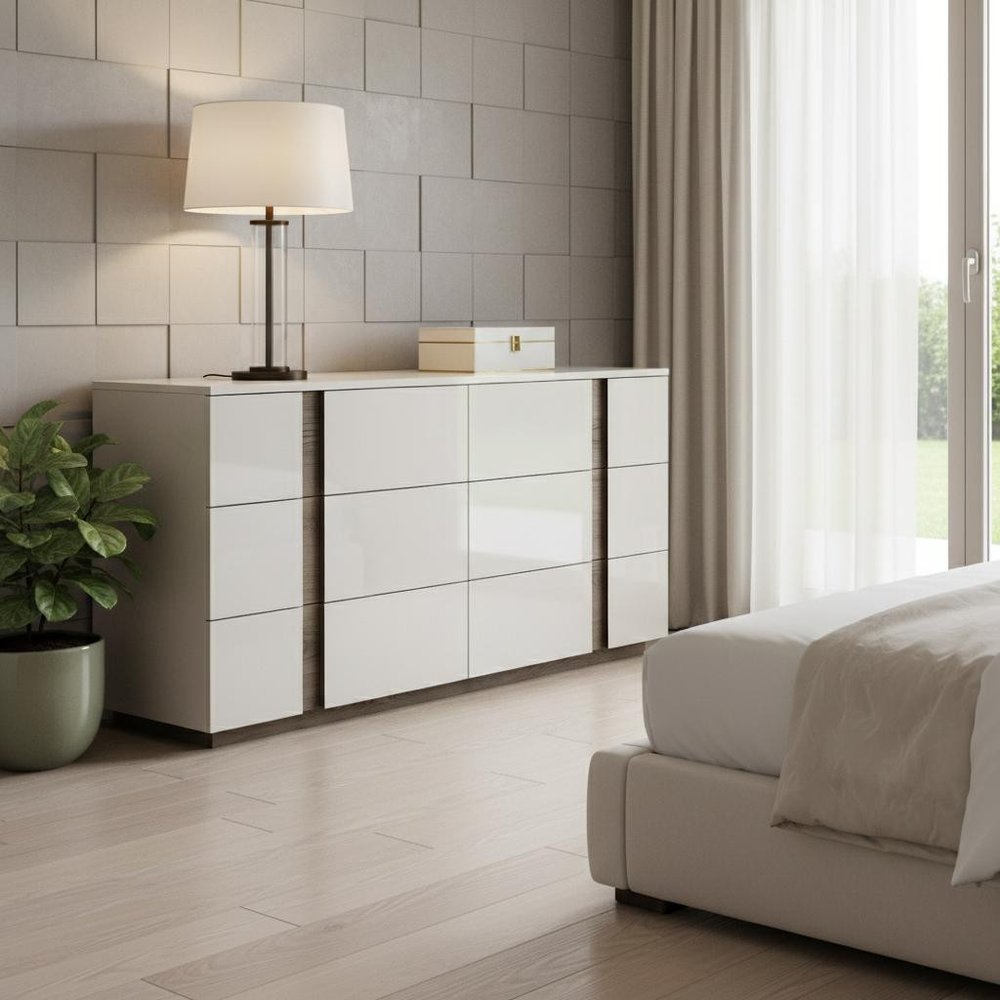 60" Light Gray And Walnut Wood Six Drawer Double Dresser HomeRoots