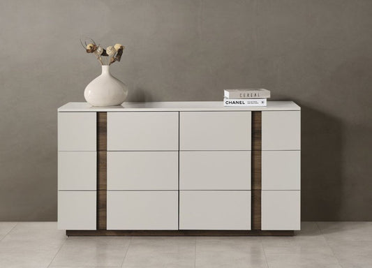 60" Light Gray And Walnut Wood Six Drawer Double Dresser HomeRoots