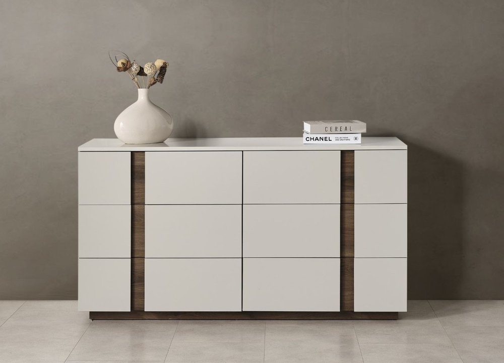 60" Light Gray And Walnut Wood Six Drawer Double Dresser HomeRoots