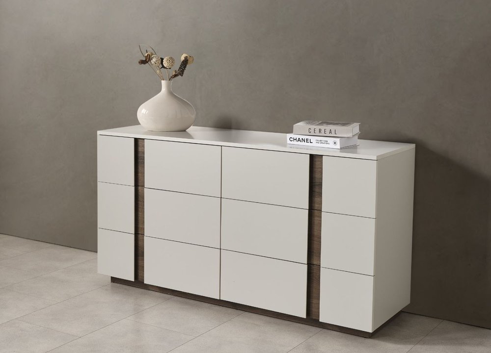60" Light Gray And Walnut Wood Six Drawer Double Dresser HomeRoots