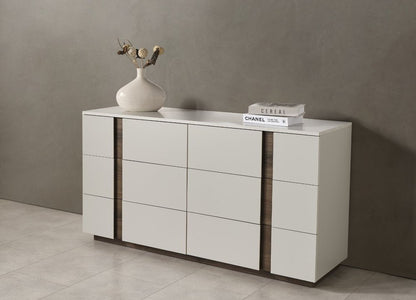 60" Light Gray And Walnut Wood Six Drawer Double Dresser HomeRoots
