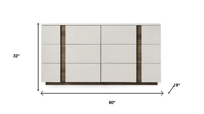 60" Light Gray And Walnut Wood Six Drawer Double Dresser HomeRoots