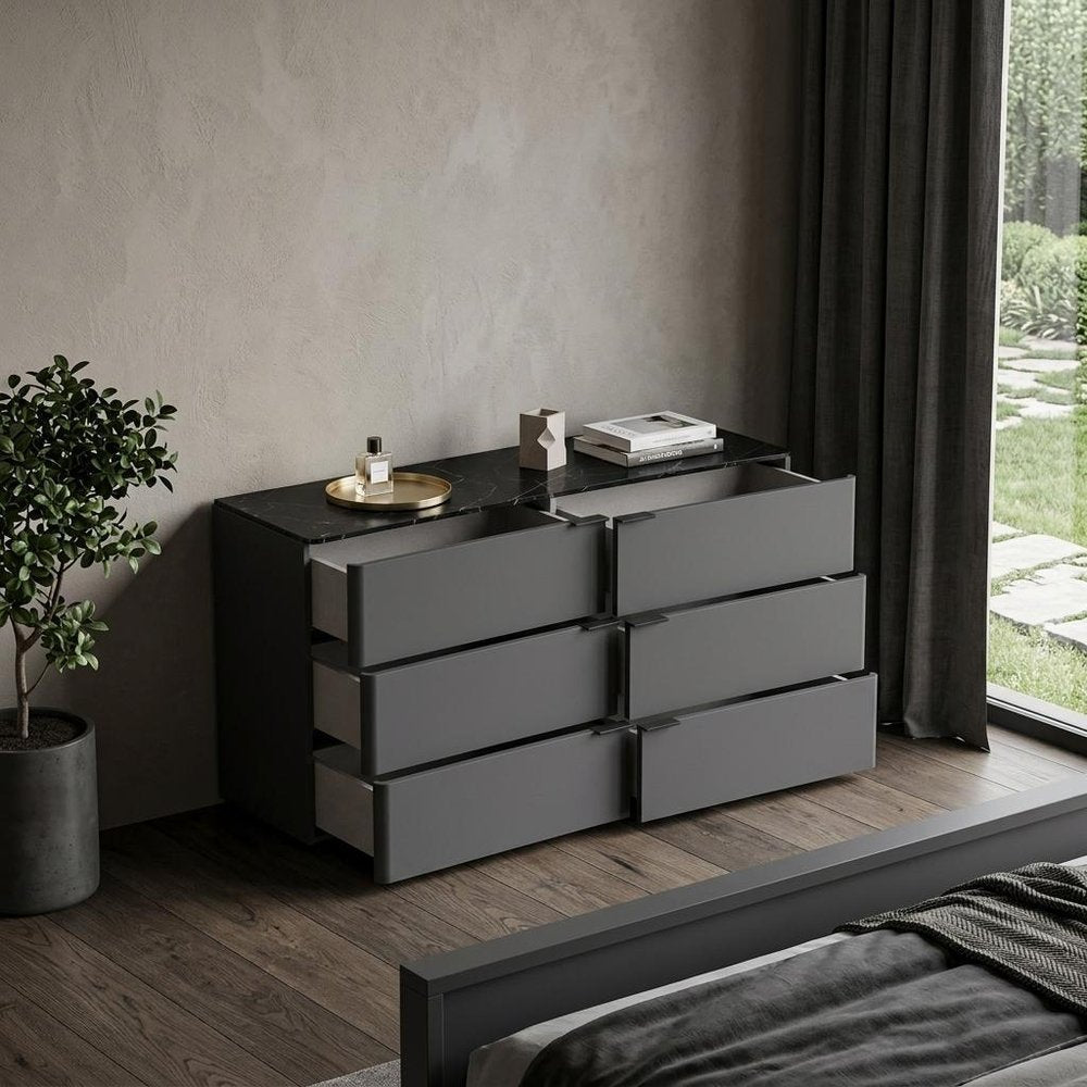 57" Black And Dark Gray Faux Marble and Wood Six Drawer Double Dresser HomeRoots