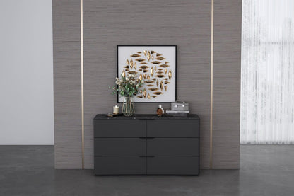 57" Black And Dark Gray Faux Marble And Wood Six Drawer Double Dresser