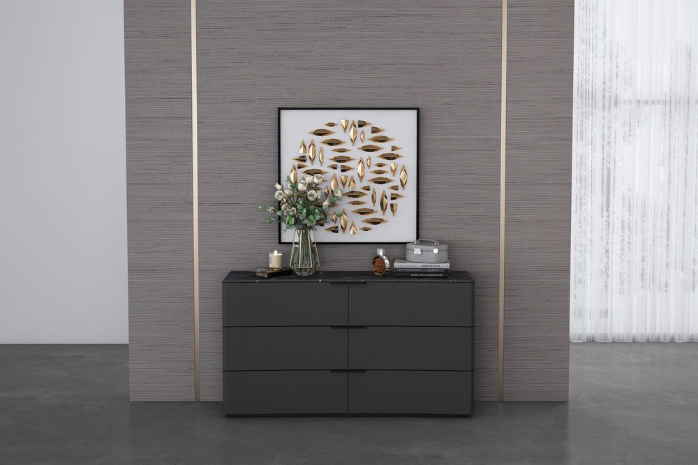 57" Black And Dark Gray Faux Marble and Wood Six Drawer Double Dresser — view 8