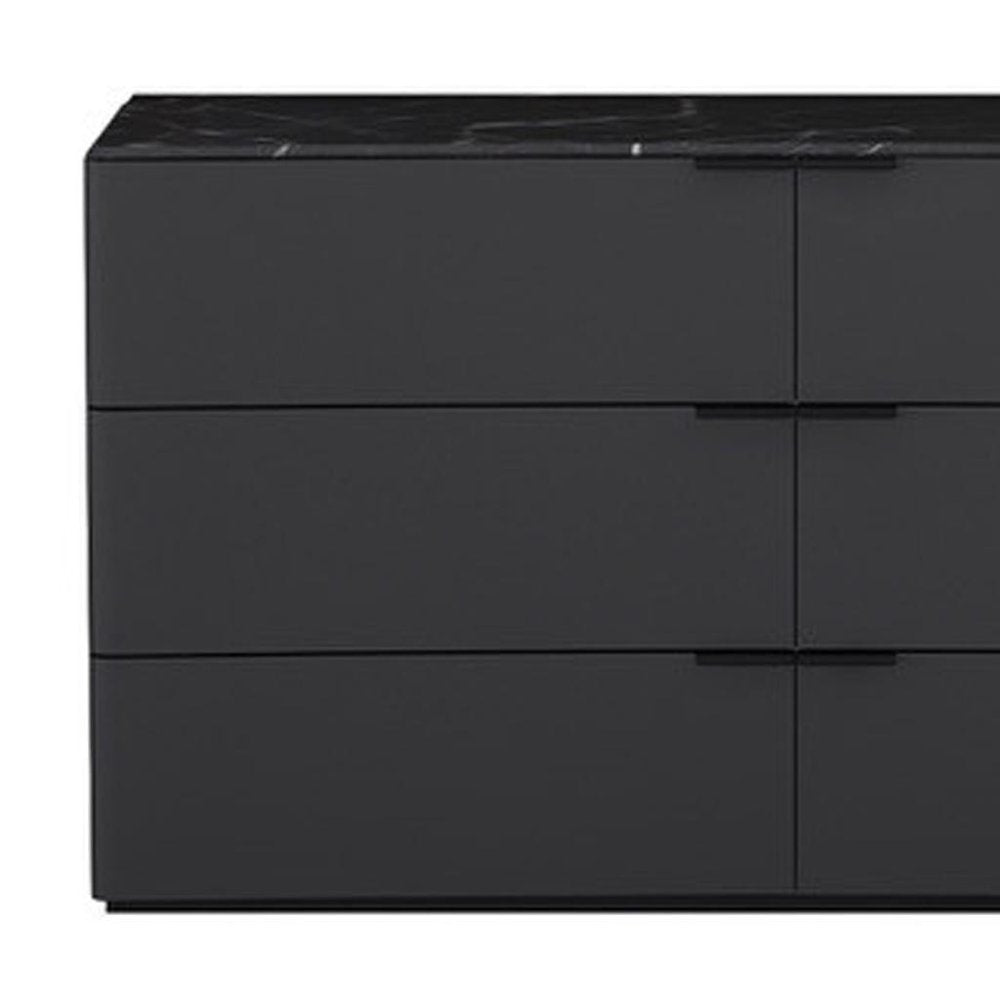 57" Black And Dark Gray Faux Marble and Wood Six Drawer Double Dresser — view 6