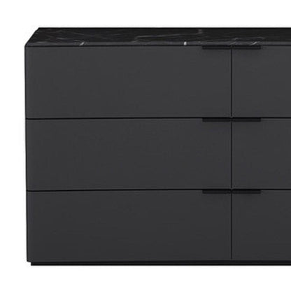 57" Black And Dark Gray Faux Marble and Wood Six Drawer Double Dresser HomeRoots