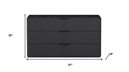57" Black And Dark Gray Faux Marble And Wood Six Drawer Double Dresser