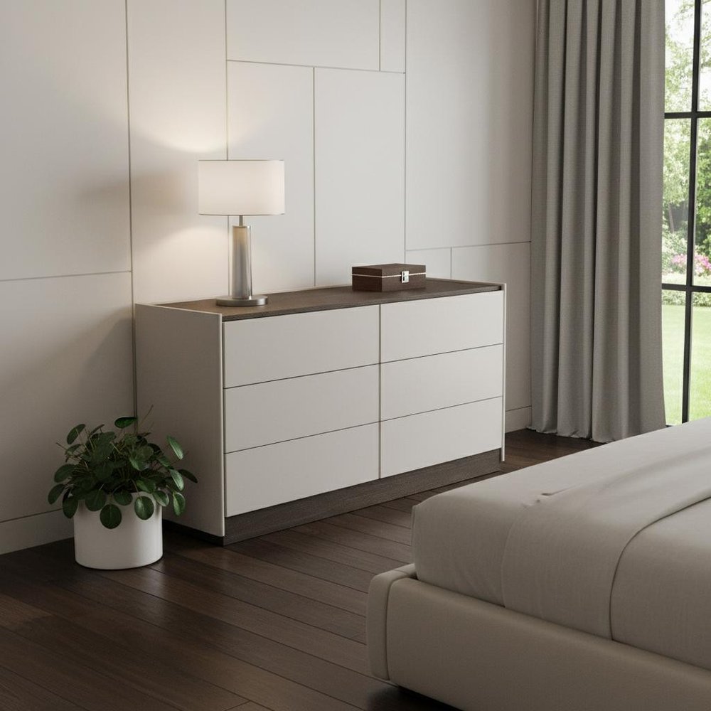60" Light Gray And Walnut Wood Six Drawer Double Dresser HomeRoots