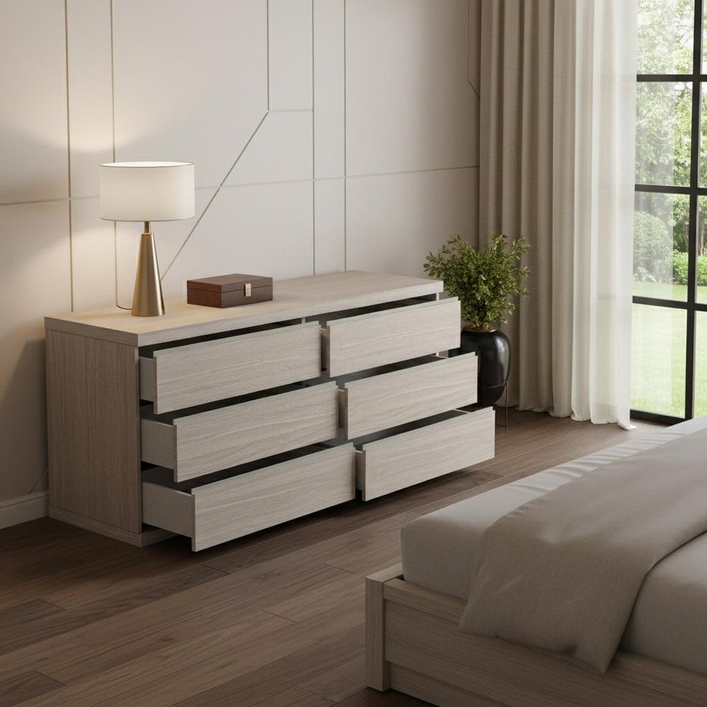 63" Oak Wood Six Drawer Double Dresser HomeRoots